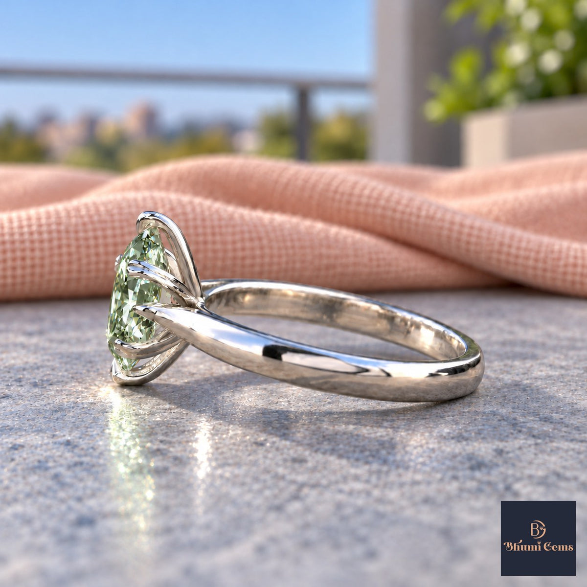 Green Oval Cut Lab Grown Diamond Engagement Ring - Heart Prong Solitaire in white gold, side view