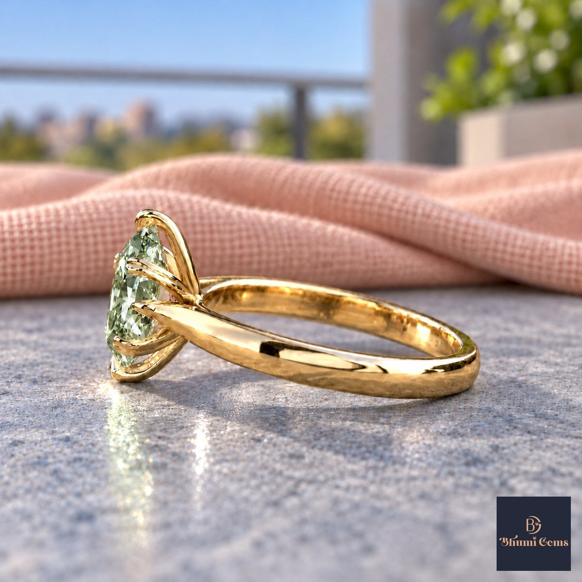 Green Oval Cut Lab Grown Diamond Engagement Ring - Heart Prong Solitaire in yellow gold, side view