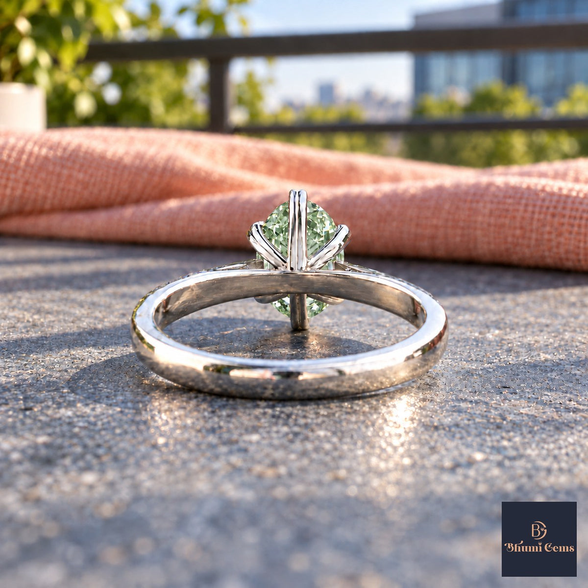 Green Oval Cut Lab Grown Diamond Engagement Ring - Heart Prong Solitaire in white gold, gallery view