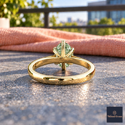 Green Oval Cut Lab Grown Diamond Engagement Ring - Heart Prong Solitaire in yellow gold, gallery view