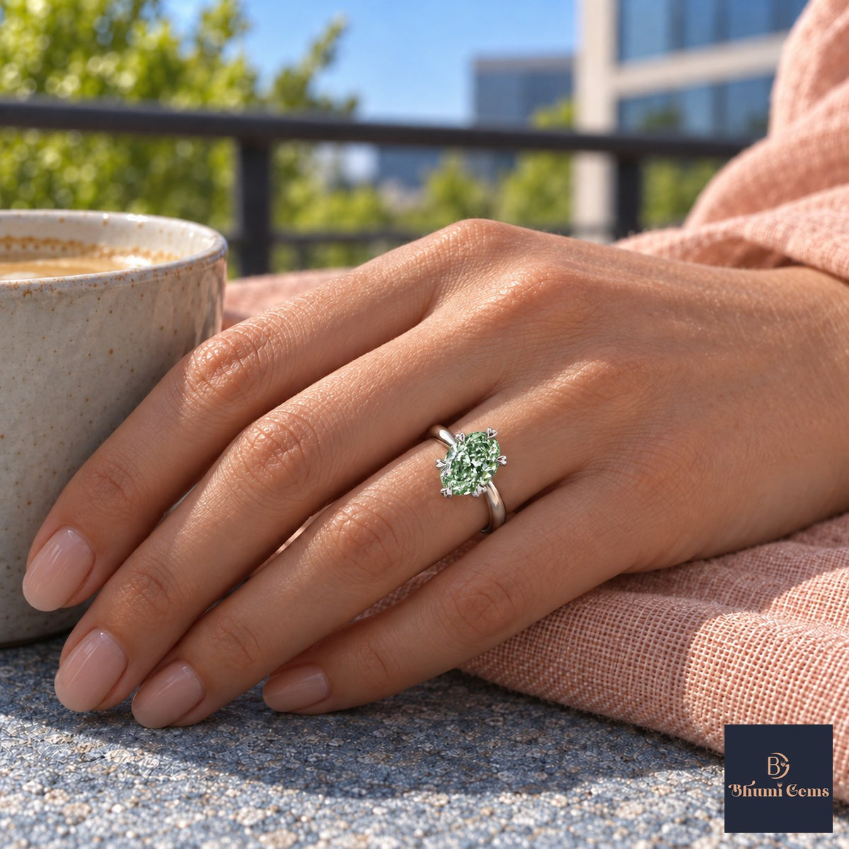 Green Oval Cut Lab Grown Diamond Engagement Ring - Heart Prong Solitaire in white gold, on the hand