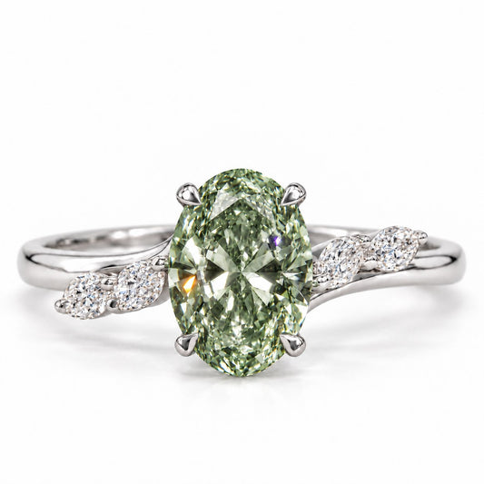 Green Oval Cut Lab Grown Diamond Engagement Ring - Leaf Bypass in white gold, front view