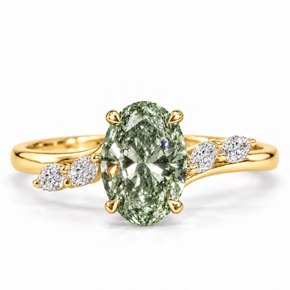 Green Oval Cut Lab Grown Diamond Engagement Ring - Leaf Bypass in yellow gold, front view