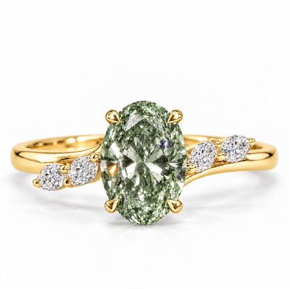 Green Oval Cut Lab Grown Diamond Engagement Ring - Leaf Bypass in yellow gold, front view