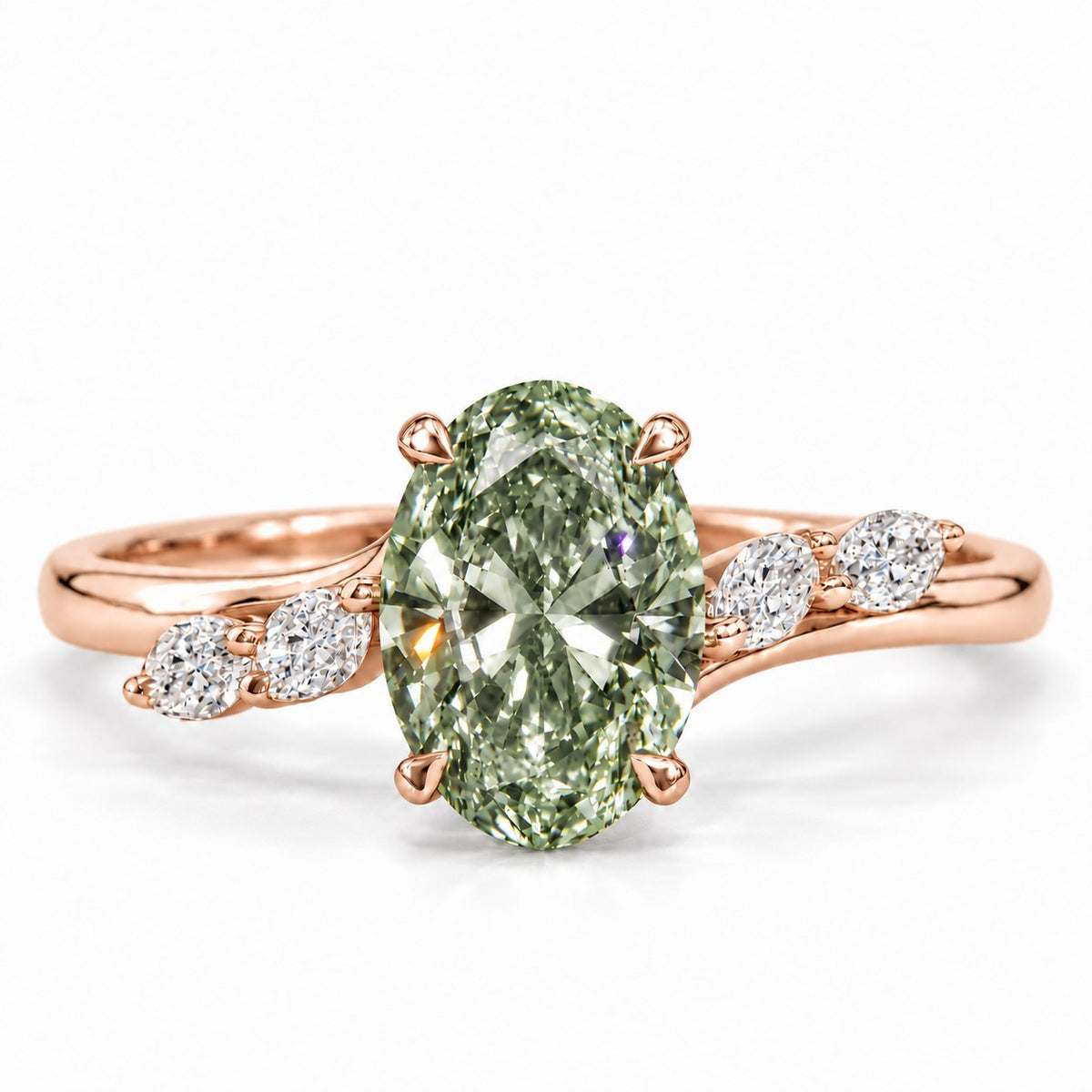 Green Oval Cut Lab Grown Diamond Engagement Ring - Leaf Bypass in rose gold, front view