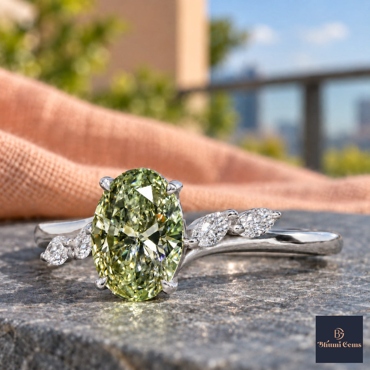 Green Oval Cut Lab Grown Diamond Engagement Ring - Leaf Bypass in white gold, close-up