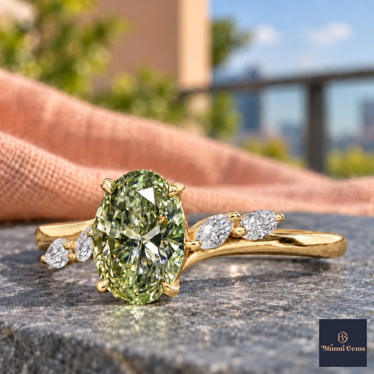 Green Oval Cut Lab Grown Diamond Engagement Ring - Leaf Bypass in yellow gold, close-up
