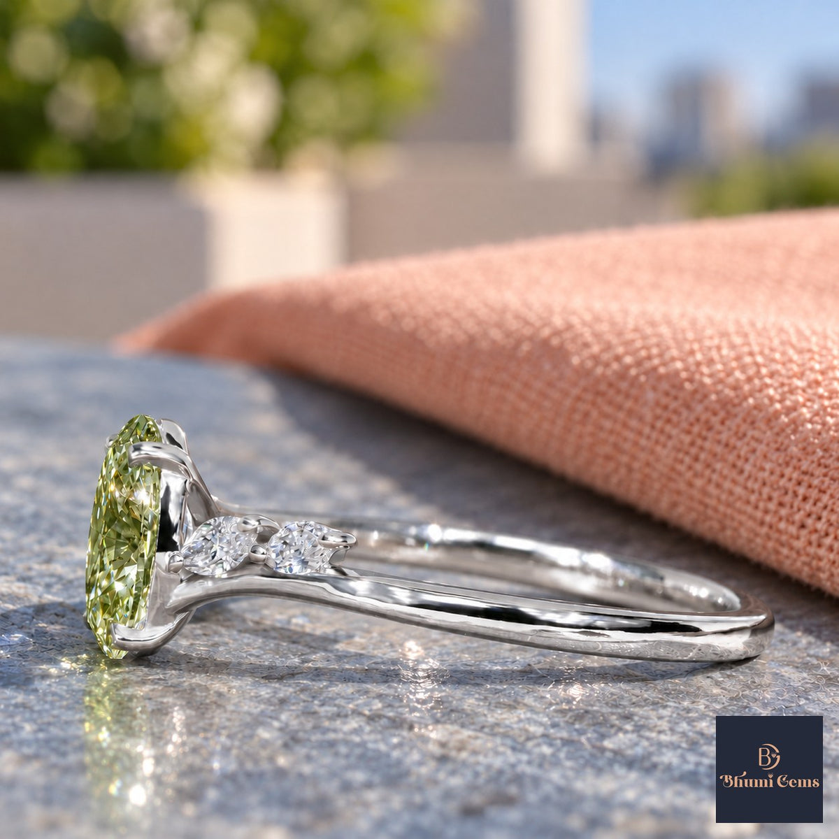 Green Oval Cut Lab Grown Diamond Engagement Ring - Leaf Bypass in white gold, side view