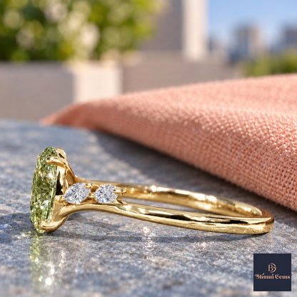 Green Oval Cut Lab Grown Diamond Engagement Ring - Leaf Bypass in yellow gold, side view