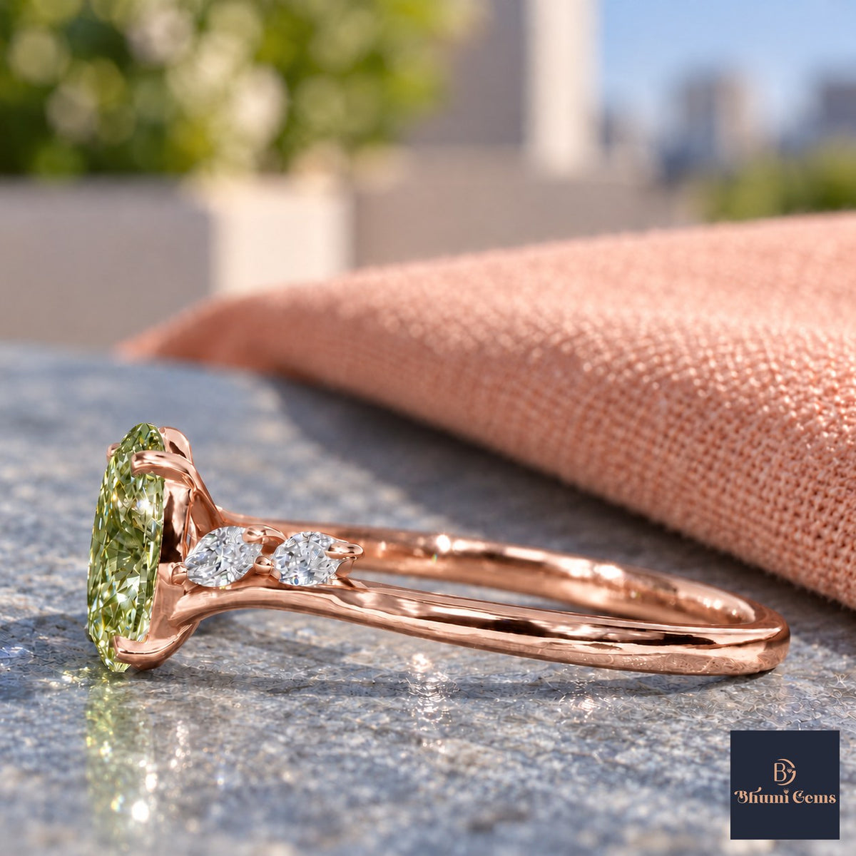 Green Oval Cut Lab Grown Diamond Engagement Ring - Leaf Bypass in rose gold, side view