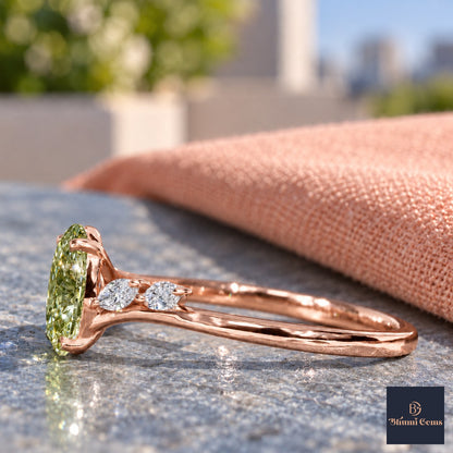Green Oval Cut Lab Grown Diamond Engagement Ring - Leaf Bypass in rose gold, side view