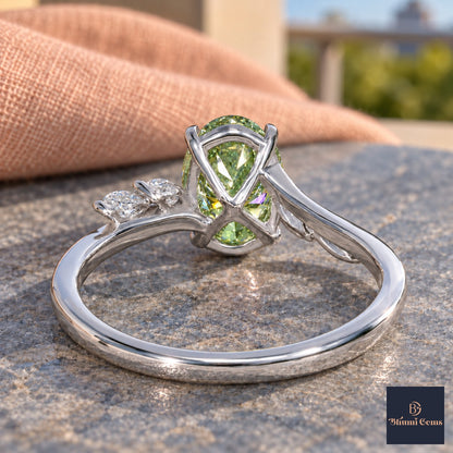 Green Oval Cut Lab Grown Diamond Engagement Ring - Leaf Bypass in white gold, gallery view