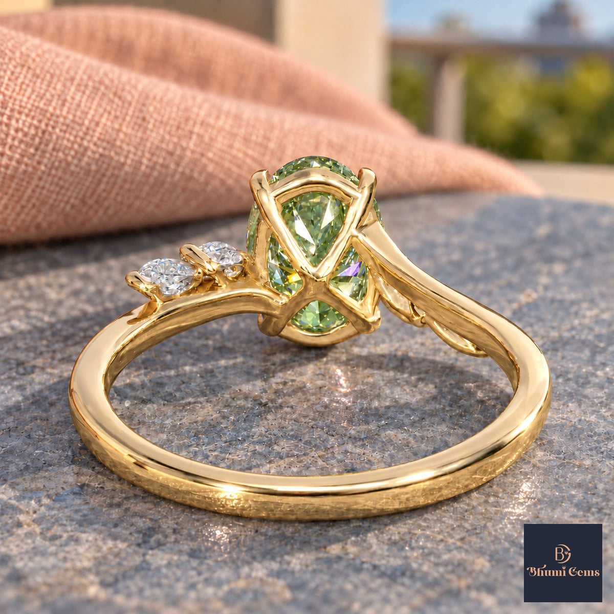 Green Oval Cut Lab Grown Diamond Engagement Ring - Leaf Bypass in yellow gold, gallery view