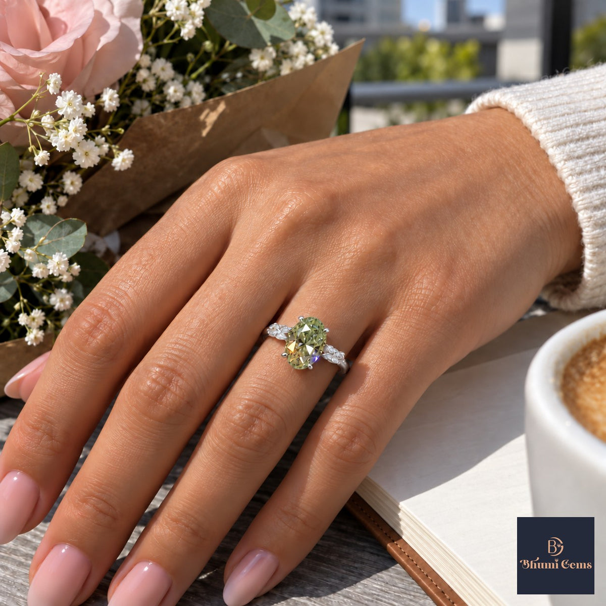 Green Oval Cut Lab Grown Diamond Engagement Ring - Leaf Bypass in white gold, worn on the hand