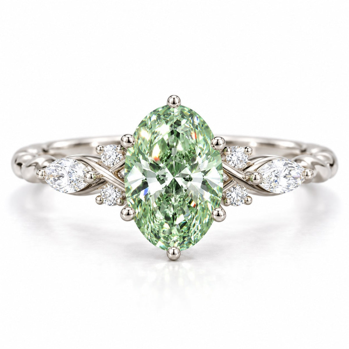 Green Oval Cut Lab Grown Diamond Engagement Ring - Leaf Cluster Shoulders in white gold, front view
