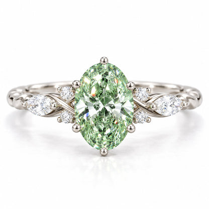 Green Oval Cut Lab Grown Diamond Engagement Ring - Leaf Cluster Shoulders in white gold, front view