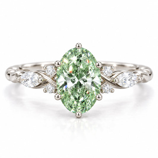 Green Oval Cut Lab Grown Diamond Engagement Ring - Leaf Cluster Shoulders in white gold, front view