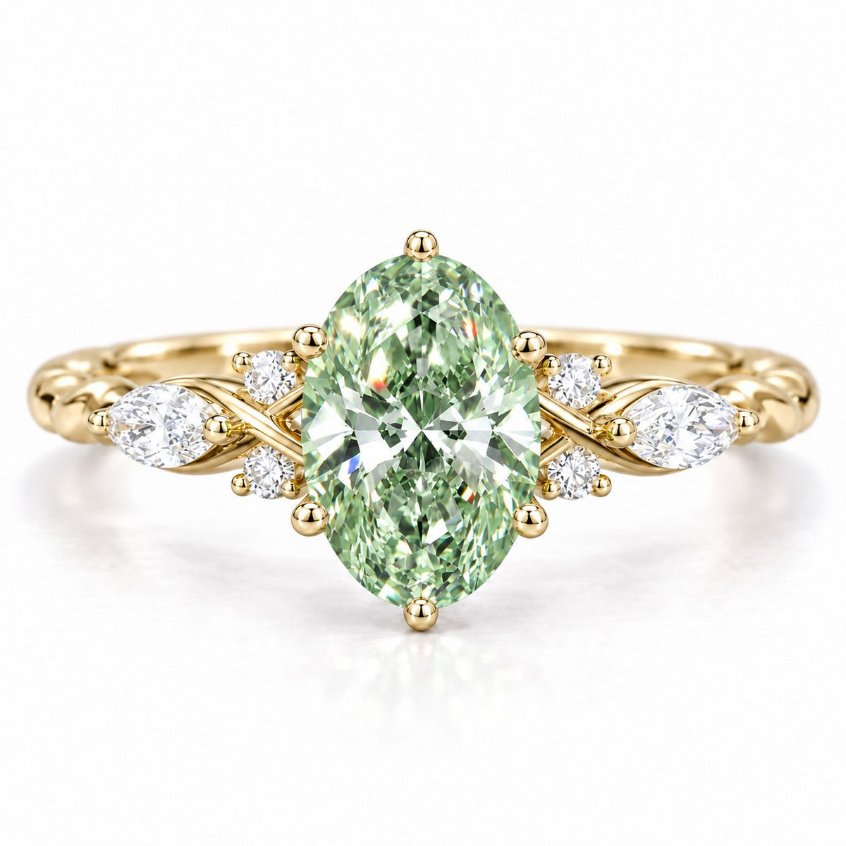 Green Oval Cut Lab Grown Diamond Engagement Ring - Leaf Cluster Shoulders in yellow gold, front view