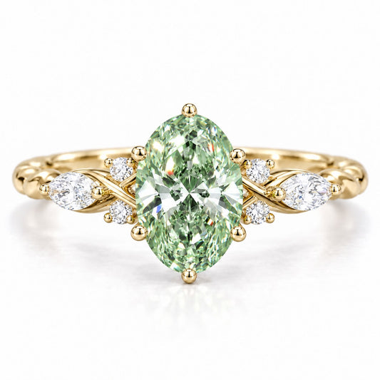 Green Oval Cut Lab Grown Diamond Engagement Ring - Leaf Cluster Shoulders in yellow gold, front view