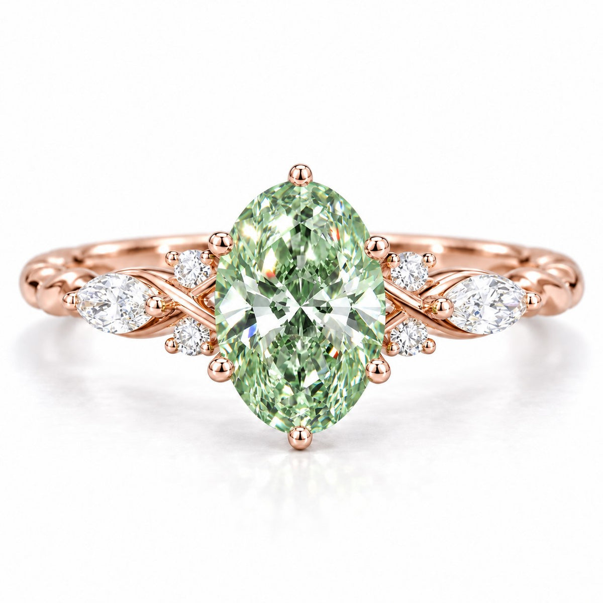 Green Oval Cut Lab Grown Diamond Engagement Ring - Leaf Cluster Shoulders in rose gold, front view