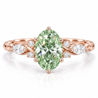 Green Oval Cut Lab Grown Diamond Engagement Ring - Leaf Cluster Shoulders in rose gold, front view