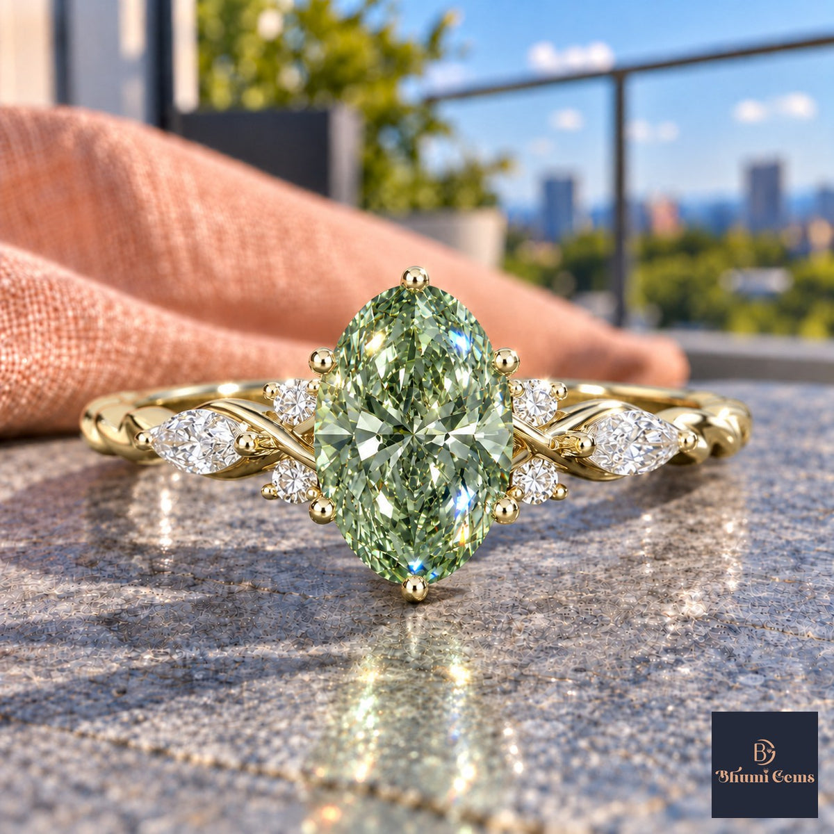 Green Oval Cut Lab Grown Diamond Engagement Ring - Leaf Cluster Shoulders in yellow gold, close-up
