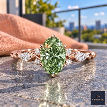Green Oval Cut Lab Grown Diamond Engagement Ring - Leaf Cluster Shoulders in rose gold, close-up