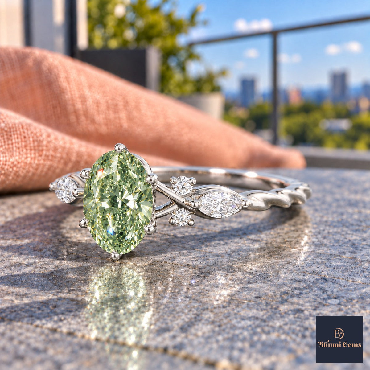Green Oval Cut Lab Grown Diamond Engagement Ring - Leaf Cluster Shoulders in white gold, side view
