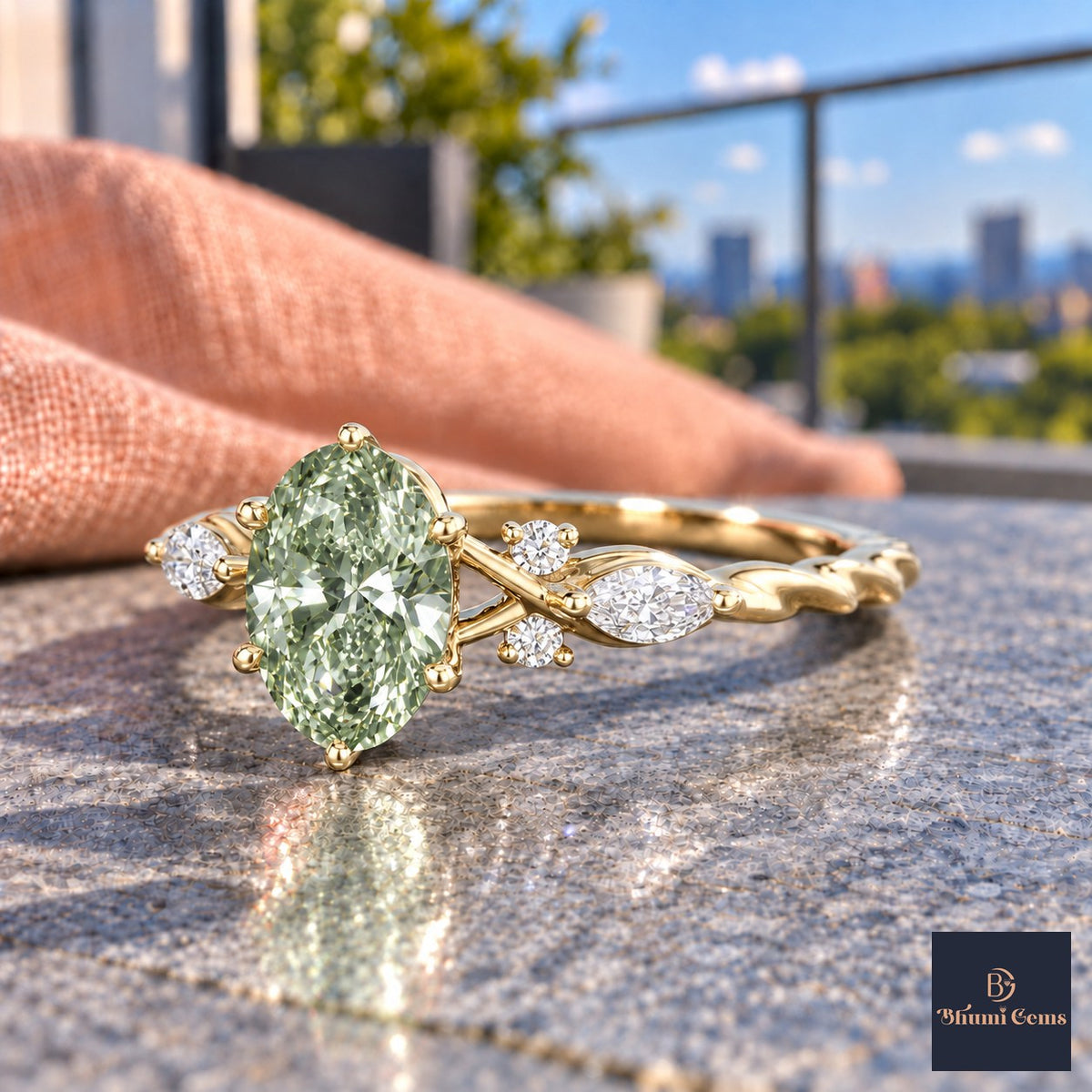 Green Oval Cut Lab Grown Diamond Engagement Ring - Leaf Cluster Shoulders in yellow gold, side view