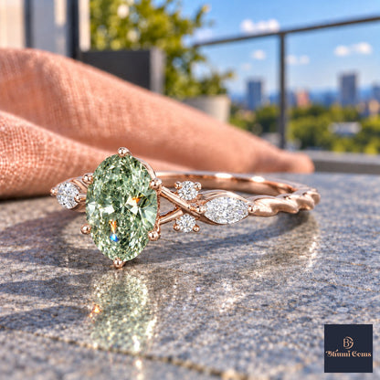 Green Oval Cut Lab Grown Diamond Engagement Ring - Leaf Cluster Shoulders in rose gold, side view