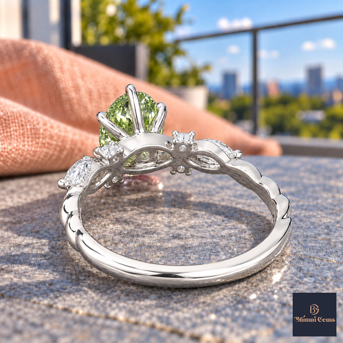 Green Oval Cut Lab Grown Diamond Engagement Ring - Leaf Cluster Shoulders in white gold, gallery view