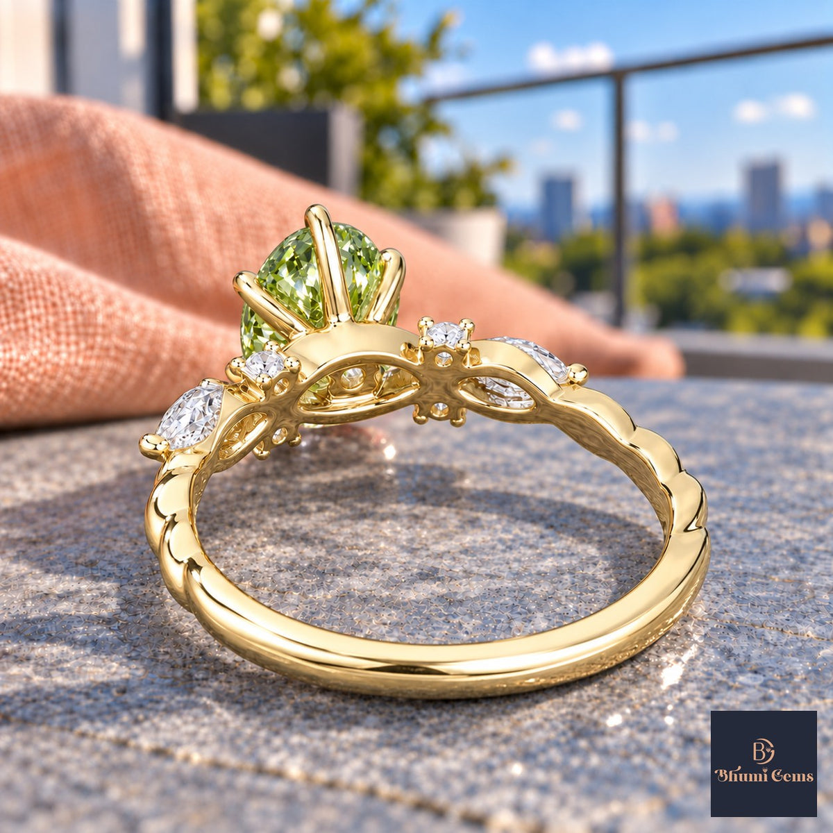 Green Oval Cut Lab Grown Diamond Engagement Ring - Leaf Cluster Shoulders in yellow gold, gallery view