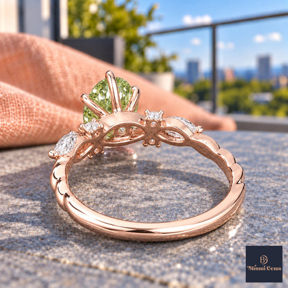 Green Oval Cut Lab Grown Diamond Engagement Ring - Leaf Cluster Shoulders in rose gold, gallery view