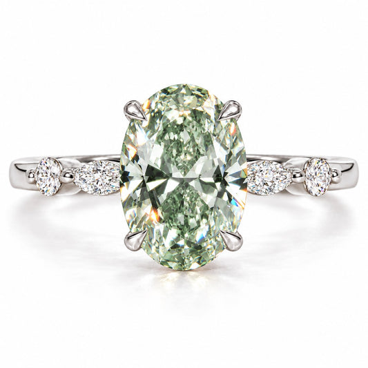 Green Oval Cut Lab Grown Diamond Engagement Ring - Marquise and Round Accents in white gold, front view