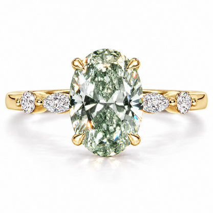 Green Oval Cut Lab Grown Diamond Engagement Ring - Marquise and Round Accents in yellow gold, front view