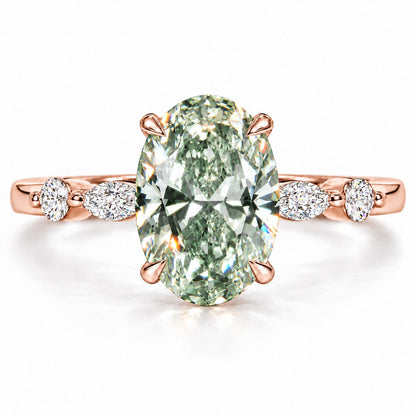 Green Oval Cut Lab Grown Diamond Engagement Ring - Marquise and Round Accents in rose gold, front view
