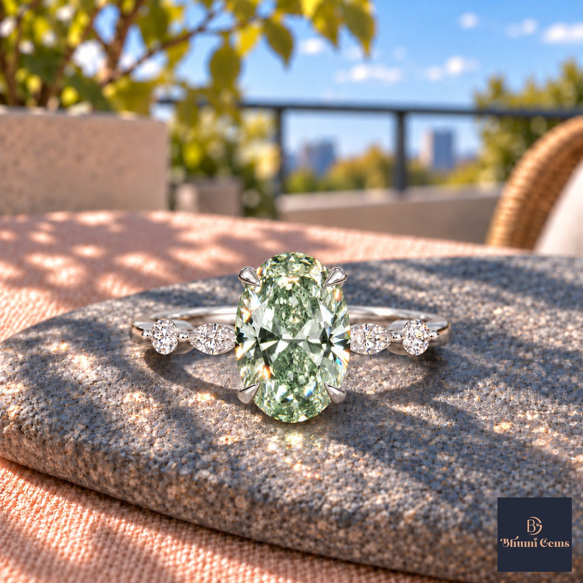 Green Oval Cut Lab Grown Diamond Engagement Ring - Marquise and Round Accents in white gold, close-up