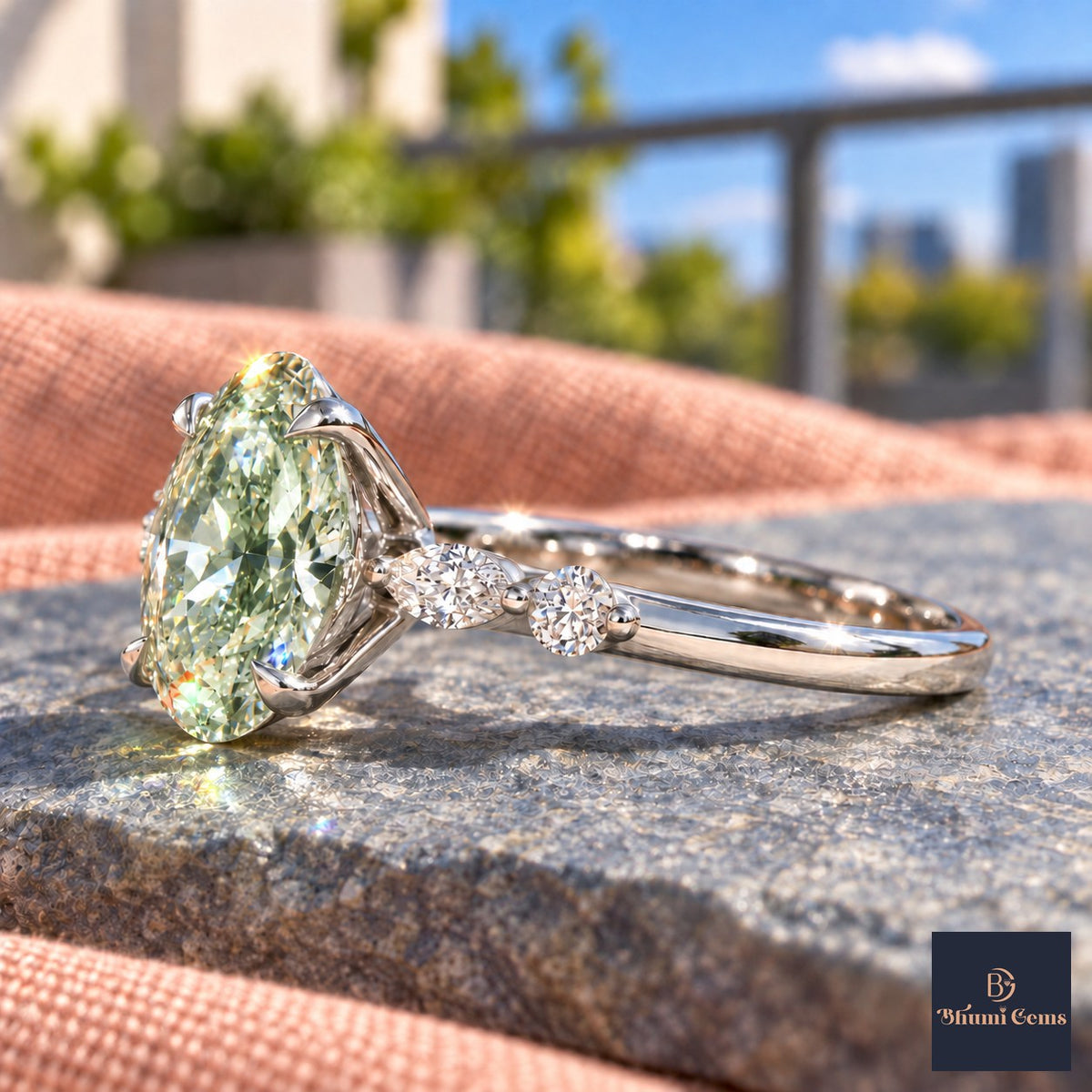 Green Oval Cut Lab Grown Diamond Engagement Ring - Marquise and Round Accents in white gold, side view