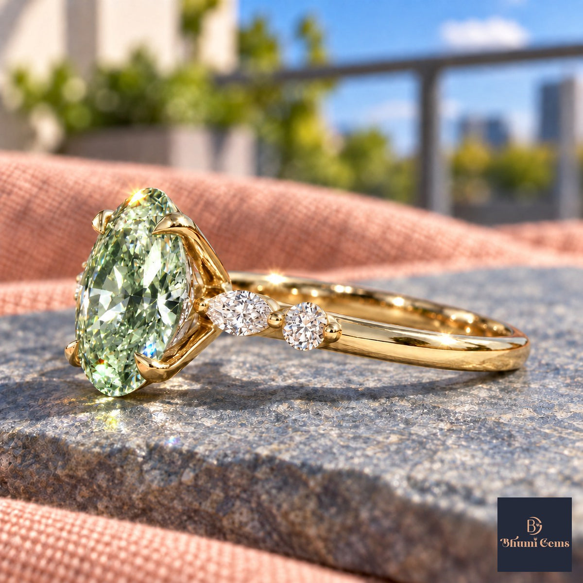 Green Oval Cut Lab Grown Diamond Engagement Ring - Marquise and Round Accents in yellow gold, side view