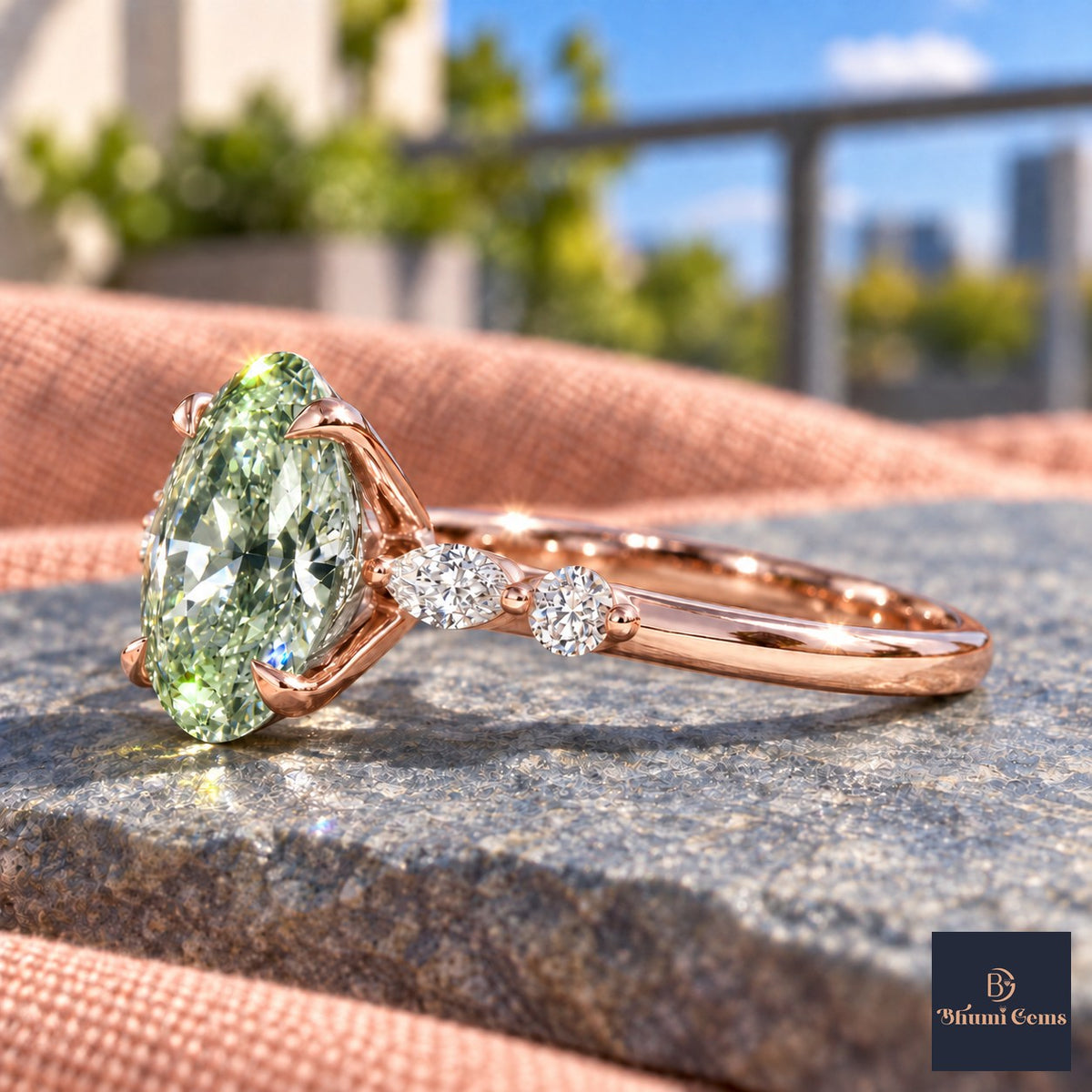 Green Oval Cut Lab Grown Diamond Engagement Ring - Marquise and Round Accents in rose gold, side view