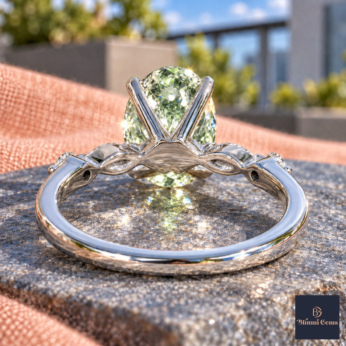 Green Oval Cut Lab Grown Diamond Engagement Ring - Marquise and Round Accents in white gold, gallery view