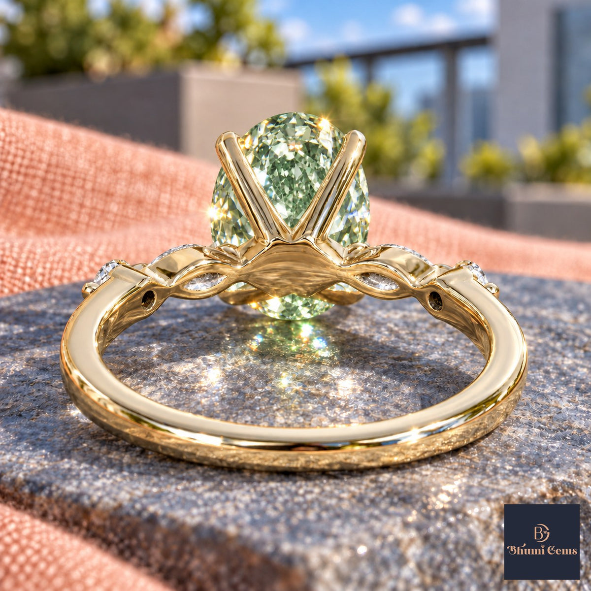 Green Oval Cut Lab Grown Diamond Engagement Ring - Marquise and Round Accents in yellow gold, gallery view