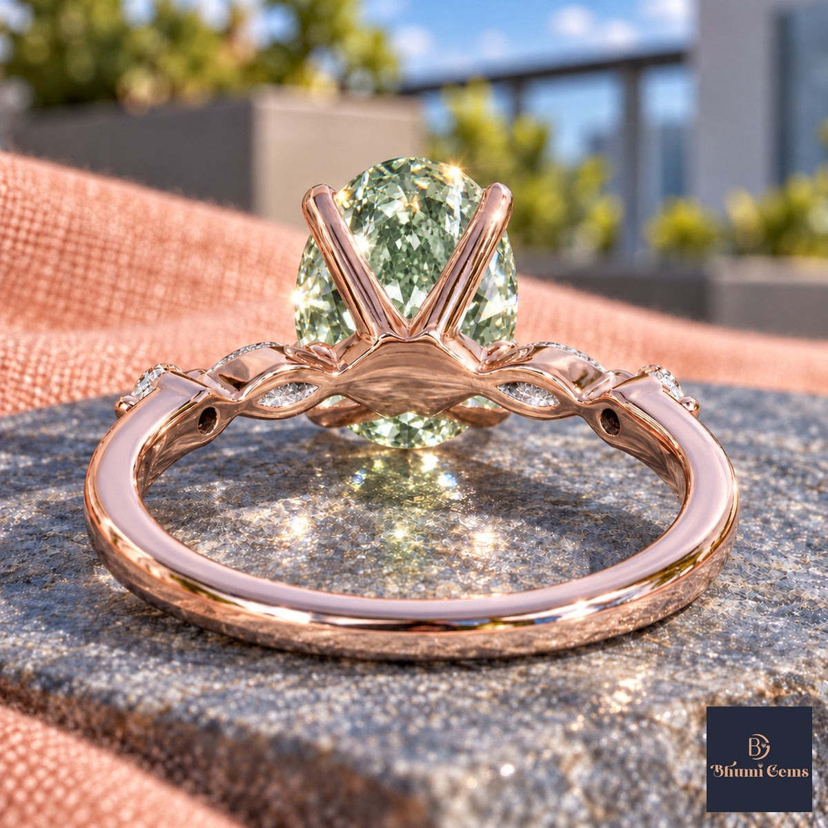 Green Oval Cut Lab Grown Diamond Engagement Ring - Marquise and Round Accents in rose gold, gallery view
