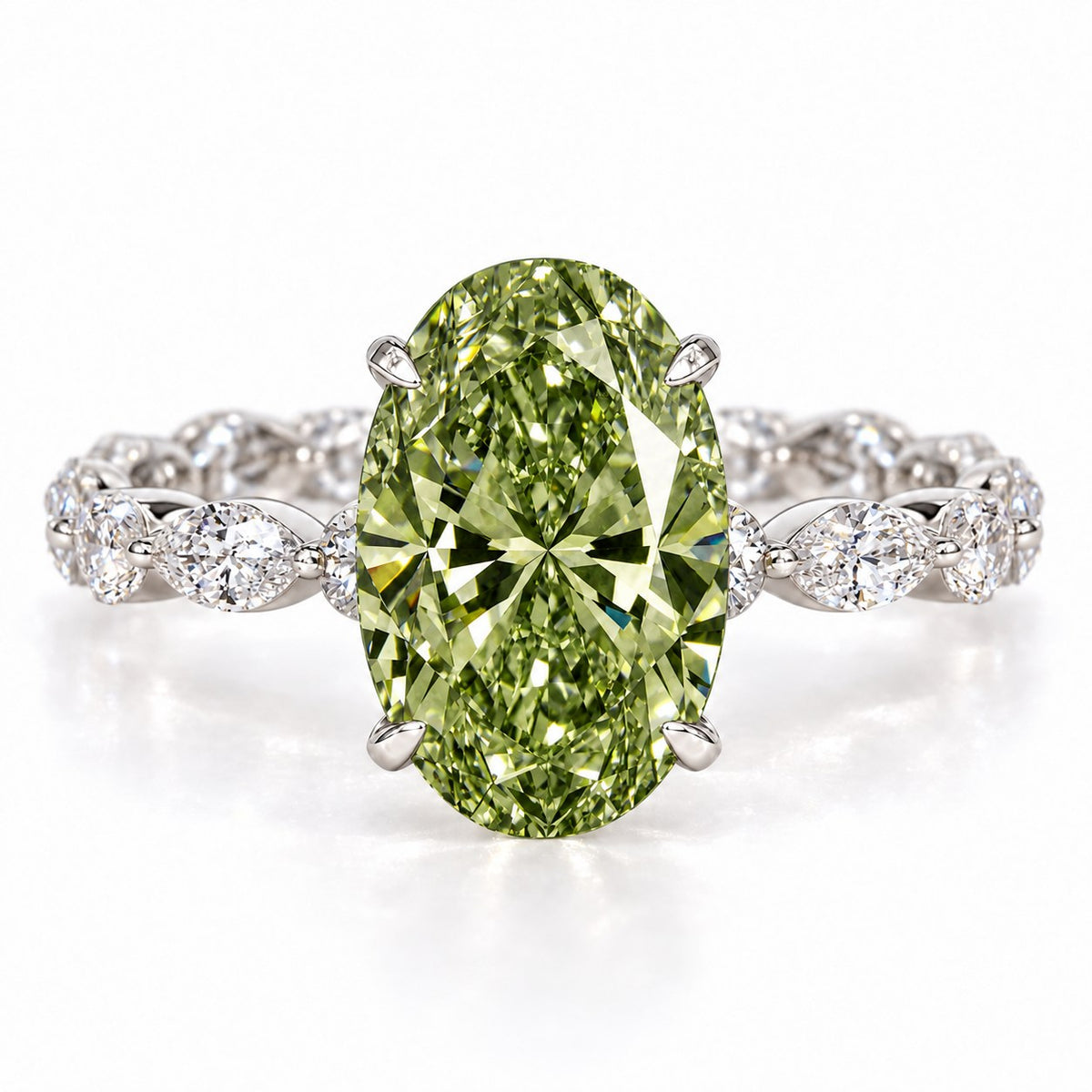 Green Oval Cut Lab Grown Diamond Engagement Ring - Navette Band in white gold, front view