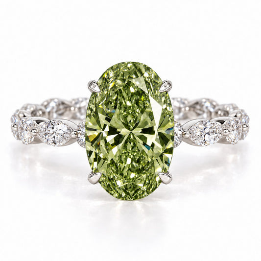 Green Oval Cut Lab Grown Diamond Engagement Ring - Navette Band in white gold, front view