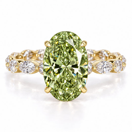 Green Oval Cut Lab Grown Diamond Engagement Ring - Navette Band in yellow gold, front view