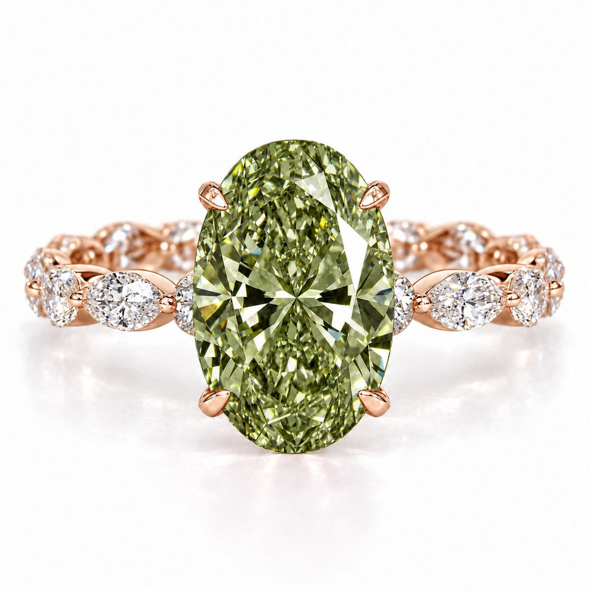 Green Oval Cut Lab Grown Diamond Engagement Ring - Navette Band in rose gold, front view