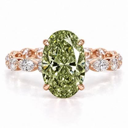 Green Oval Cut Lab Grown Diamond Engagement Ring - Navette Band in rose gold, front view
