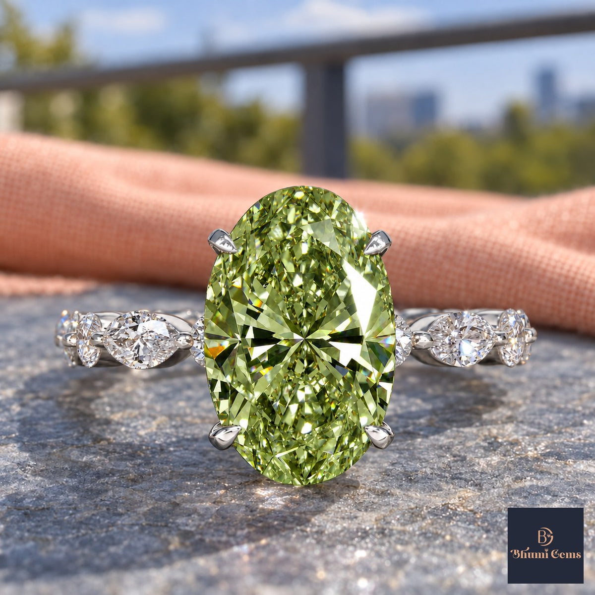Green Oval Cut Lab Grown Diamond Engagement Ring - Navette Band in white gold, close-up