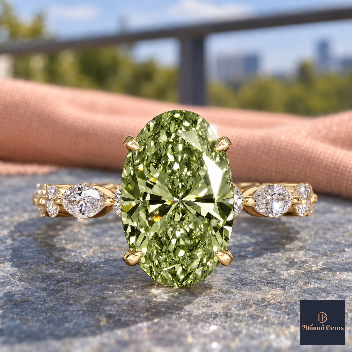 Green Oval Cut Lab Grown Diamond Engagement Ring - Navette Band in yellow gold, close-up